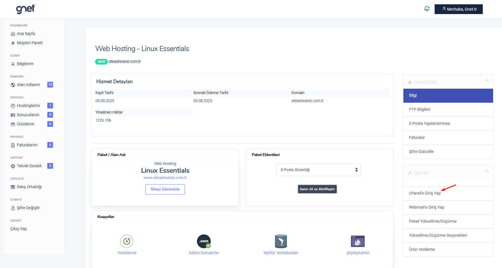 cPanel'e Giriş Yap - E-posta hesabı ekleme