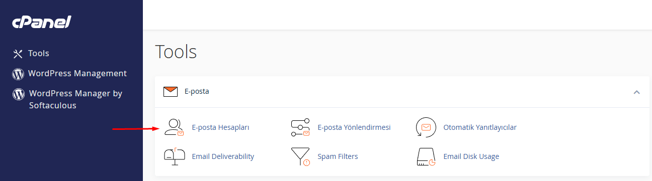 cPanel E-posta Hesapları Menüsü